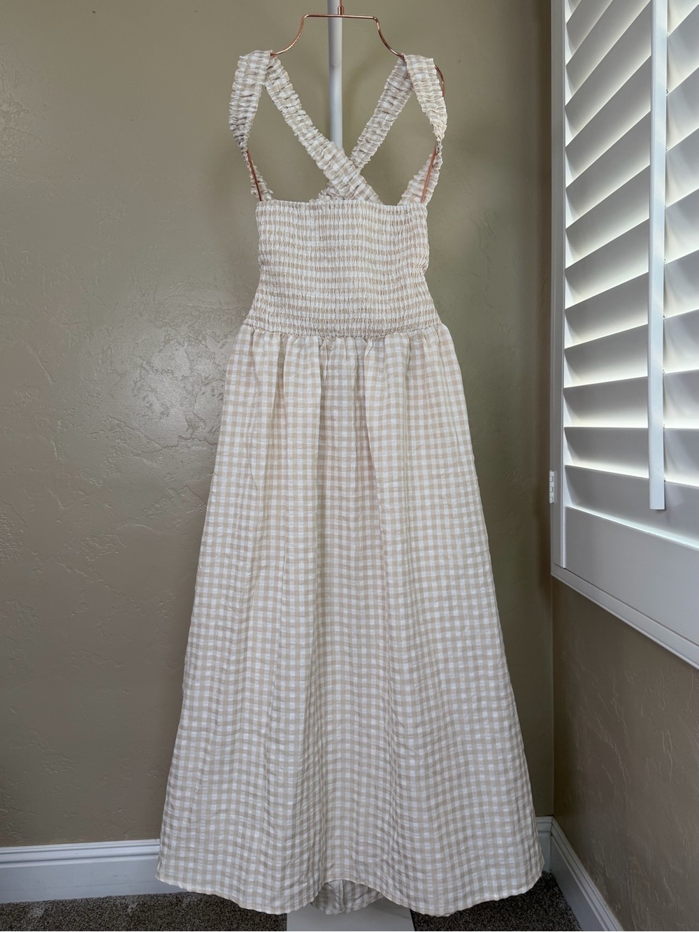 Commense Beige White Gingham Open Back Maxi Dress XL NWT Cotton Blend - Picture 4 of 11